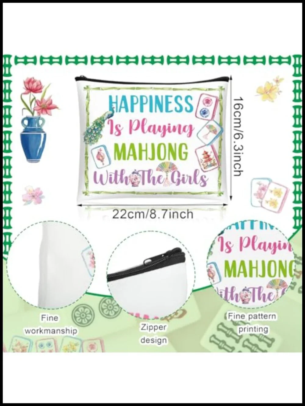 9 Canvas Mahjong Cosmetic Bags for Women Makeup Pouch Zipper Storage Gift Set